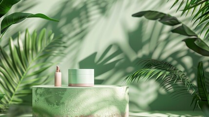 Leinwandbilder - Display podium backdrop for cosmetic products with tropical palm leaves. 3D rendering.