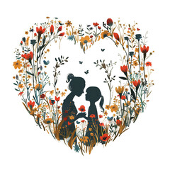 Wall Mural - Silhouette graphic of a mother and girl in a garden of wildflowers, inside a heart shape