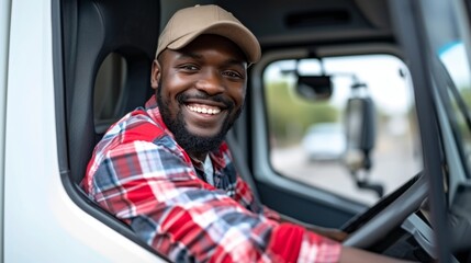 Happy black professional driver getting out of his truck and looking at camera