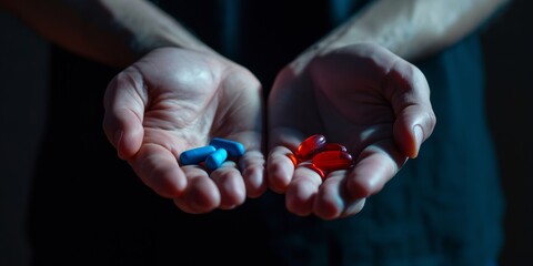 mysterious man give Red and blue pills on two hand isolated on black background,