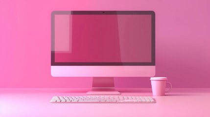 Leinwandbilder - Desktop computer screen template with realistic 3D cartoon style design, isolated on a lilac background. Modern illustration of a modern computer monitor and keyboard.