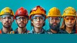 Group of construction workers in hardhats against a teal background
