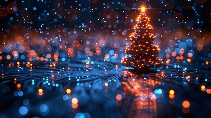 Poster - Template Christmas cards in the style of new technology. Christmas tree on printed circuit board 2023. Particles of snow falling from electronic pulses and signals.