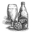 Bottle and glass of beer. Pub, brewery concept. Hand drawn sketch vintage illustration engraving style