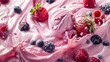 Strawberry scoop and berries splashing in pink milkshake