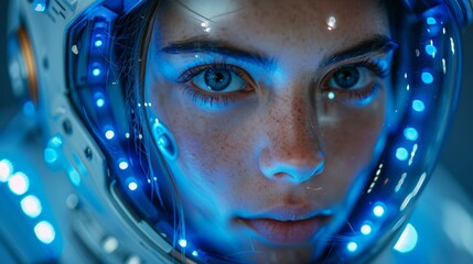 Leinwandbilder - The eyes of a beautiful robot woman or girl cyborg are serious and serious. Artificial intelligence technology in the image of a female electronic robotic humanoid machine. Future cybernetic