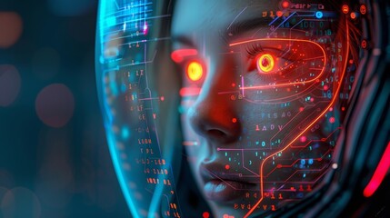 Fototapete - Developing artificial intelligence conceptual illustration. Robot with AI in hand programmers. Female cyborg networking on data. Machine learning conceptual illustration.