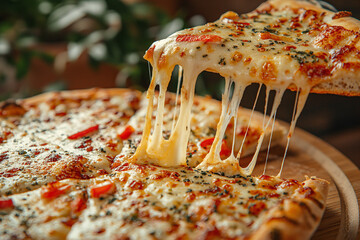 Slice of hot pizza large cheese lunch or dinner crust seafood meat topping sauce.