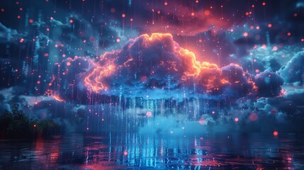 Fototapete - The cloud computing concept consists of square bits and neon lines with digital rain forming an icon of cloud with a cloud with digital rain. A computer network connects with the cloud storage or