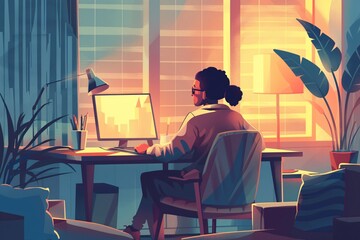 Wall Mural - A woman is seated at a desk, focused on the computer screen in front of her