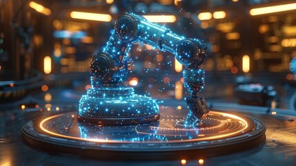 Poster - Robotic arms create neural networks on a podium in virtual reality. Industry 4.0. Concept of futuristic industry technology.
