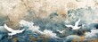 Modern background with crane birds. Hand drawn wave chinese cloud decorations in vintage style. Watercolor painting with abstract banner design.