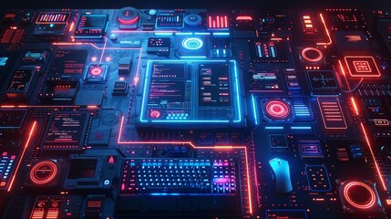 Leinwandbilder - The development of software for mobile devices is shown in a tabletop view with laptops, phones, and tablets. Abstract elements of interface design are shown on screen.