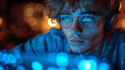 Poster - Dedicated computer gamer or hacker working on laptop in darkened room with neon lights. Computer games gamer or hacker wearing headset and glasses. Computer entertainment.