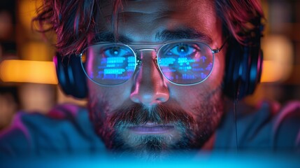 Aufkleber - The person is a programmer or coder working on a computer, looking at computer code while working over a laptop in a dark room surrounded by neon lights while wearing a headset and wearing glasses.