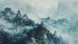 Misty Asian mountain landscape with traditional pagodas
