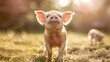 Adorable piglet enjoying sunshine in a field at golden hour
