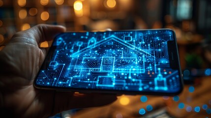 Aufkleber - Internet of Things concept. Man holding phone and remotely controlling smart home through internet. Domestic device icons appear on screen smartphone in hand. IOT system of smart home on phone.