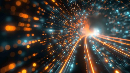 Leinwandbilder - The rendering shows warp speed in a hyper loop with blurry light from the lights of buildings in a mega city at night. Concept of next generation technology, fintech, big data, 5g fast networks,