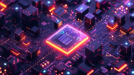 Canvas Print - An image of a quantum computer, a large data processing database, a CPU isometric banner. The central computer processor (CPU) in a digital chip.......