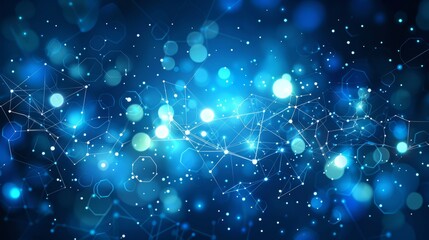 Poster - In this illustration, we see abstract molecules, mesh lines, circles and polygon shapes. On a blue background, these modern designs represent communication technologies.