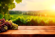 Empty wooden table, sunny vineyard background with copy space