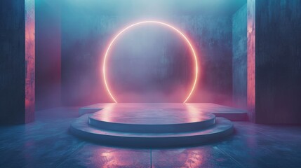 Aufkleber - A blank product stand surrounded by an abstract background with glowing lights. Futuristic technology hi tech concept. 3d rendering.