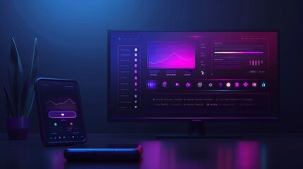 Fototapete - A smart TV is on the table. The smartphone acts as the remote. Interface for a smartphone app.