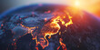 Planet Earth burning under the extreme heat of the sun, conceptual illustration of global warming, temperature increase disaster in Asia, over heating of the world in climate change