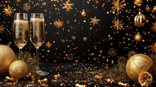 The Modern Illustration Shows A Happy New Year 2018 In Gold And Black Colors With A Place For Text For The Christmas Balls Star Champagne Glass Foil Brochure For 2019 And 2020.