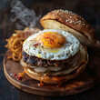 An aerial view of a loaded breakfast burger served on a wooden plate, with the steam rising from the perfectly cooked sunny-side-up egg atop the beef patty, nestled between a toasted English muffin an