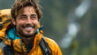Joyful Young Hiker Enjoying Rain in Yellow Raincoat, Generative AI