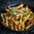 A trendy shot of gourmet truffle fries garnished with finely grated Parmesan cheese and chopped parsley, presented on a sleek black plate against a minimalist background.