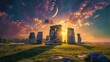 Mystical sunset at ancient stone circle with crescent moon