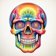 A skull with bright rainbow colors and flower-like shapes on it.