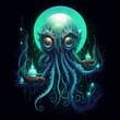 An octopus with glowing eyes and a glowing orb in front of it. The octopus is surrounded by tentacles and has a large moon behind it.