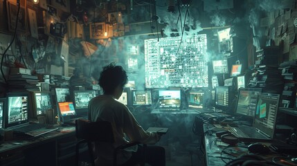 Wall Mural - A man in a dark city building sits in front of a computer screen at midnight