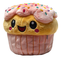 Wall Mural - Front view of a cheerful cupcake plushie with sprinkles isolated on a white transparent background