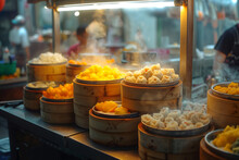 Dim Sum On A Food Shelves, Various Chinese Steamed Dumpling In Bamboo Basket Steamer