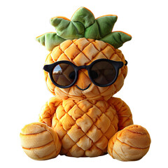 Wall Mural - Front view of a playful pineapple plushie with sunglasses isolated on a white transparent background