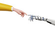 © DETHAL - Future of AI. Technological progress. Artificial intelligence. Cyborg and human unity. 3D cyborg robot hand and human hand touching fingers