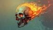 Flaming skull with intense orange fiery eyes on a dark background
