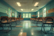 Empty Classroom.  Generated Image.  A digital rendering of a stark, empty classroom in muted tones showing emptiness or loneliness.