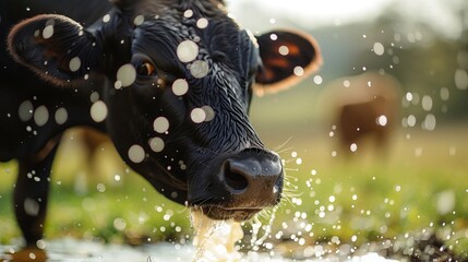 Wall Mural - A bovine is quenching its thirst from a puddle in a natural landscape