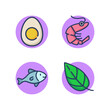 Food product allergens line icon set. Chicken egg, white, yolk, shrimp, fish, seafood, lettuce, greens. Indigestibility, food allergy concept. Vector illustration for web design and apps