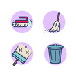 Cleaning dust dirt home line icons set. Broom, dustpan, cleanliness, trash can. Cleaning and cleanliness in the house concept. Vector illustration for web design and apps