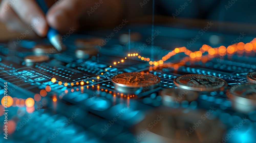 Businessman drawing a financial graph and chart on a digital screen with a stock market background in a blue color tone. Flat lay photography of the drawing in the style of a double exposure effect.