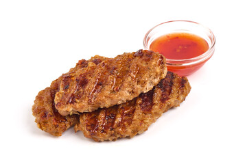 Wall Mural - Fried long pork cutlets, isolated on white background.