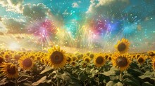 A Breathtaking Scene Of Fireworks Lighting Up The Night Sky Above A Field Of Sunflowers. The Vibrant Bursts Of Color From The Fireworks Illuminate The Golden Sunflowers Below