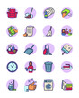 Cleaning service thin line icons set. Outline pictograms of mop, broom, bucket, squeegee and brush isolated vector illustration collection. Housework and laundry concept